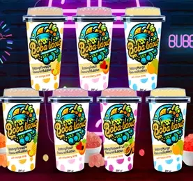Seven colorful bubble tea drinks with labeled fruit flavor combinations on a beige background.